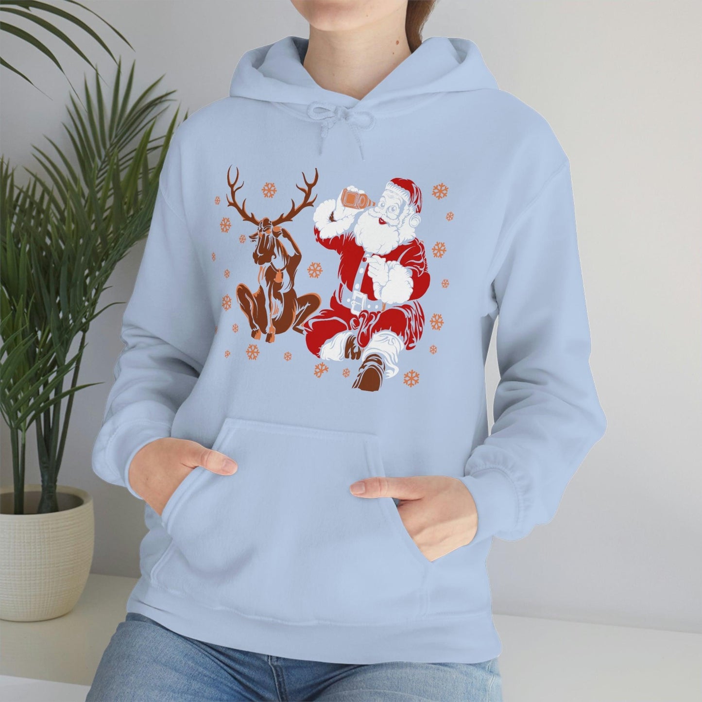 Santa and Reindeer Hooded Sweatshirt Christmas Shirt Funny Christmas Sweatshirt Christmas Gifts Santa Drinking Beer