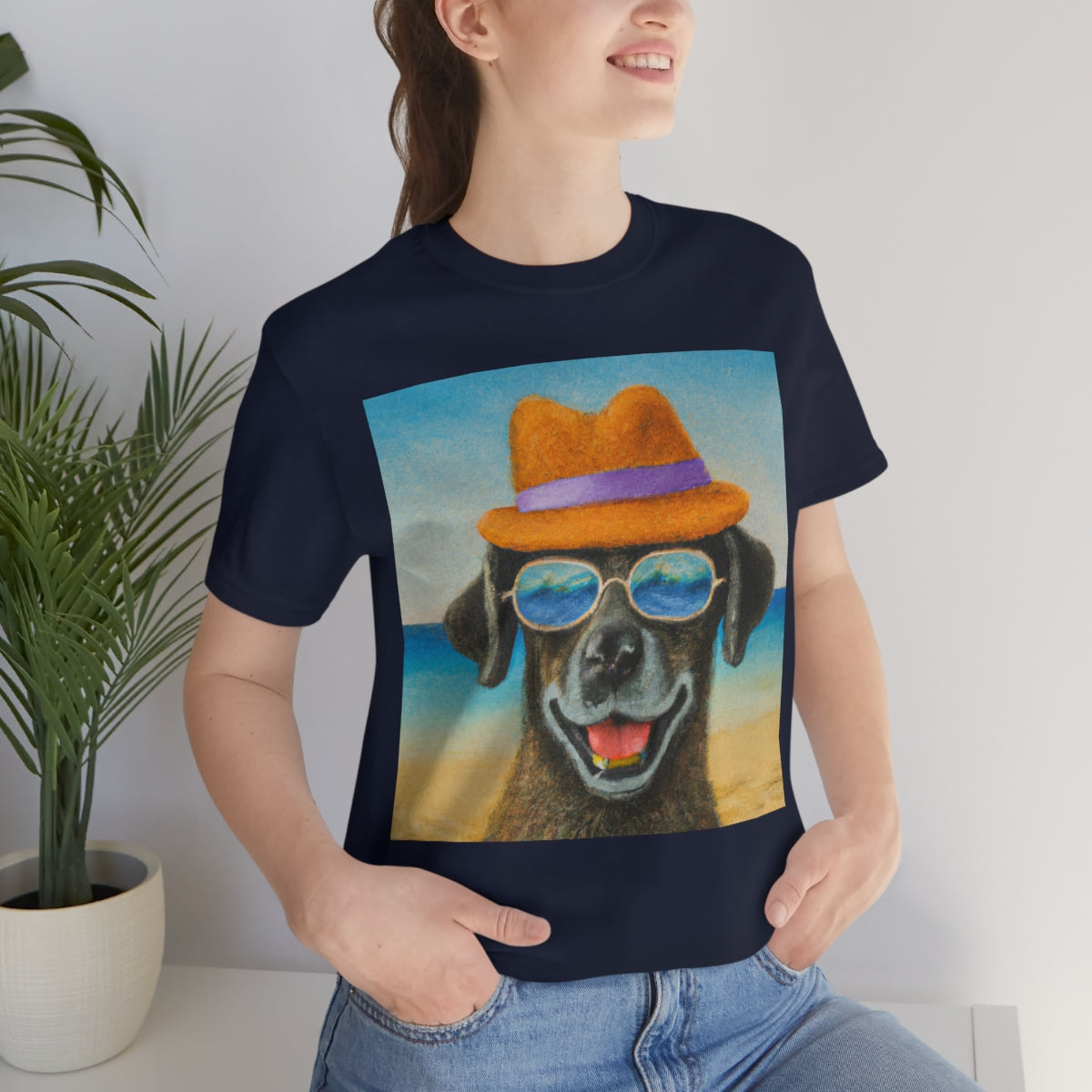 Dog with glasses and hat by the beach painting on ladies Tshirt