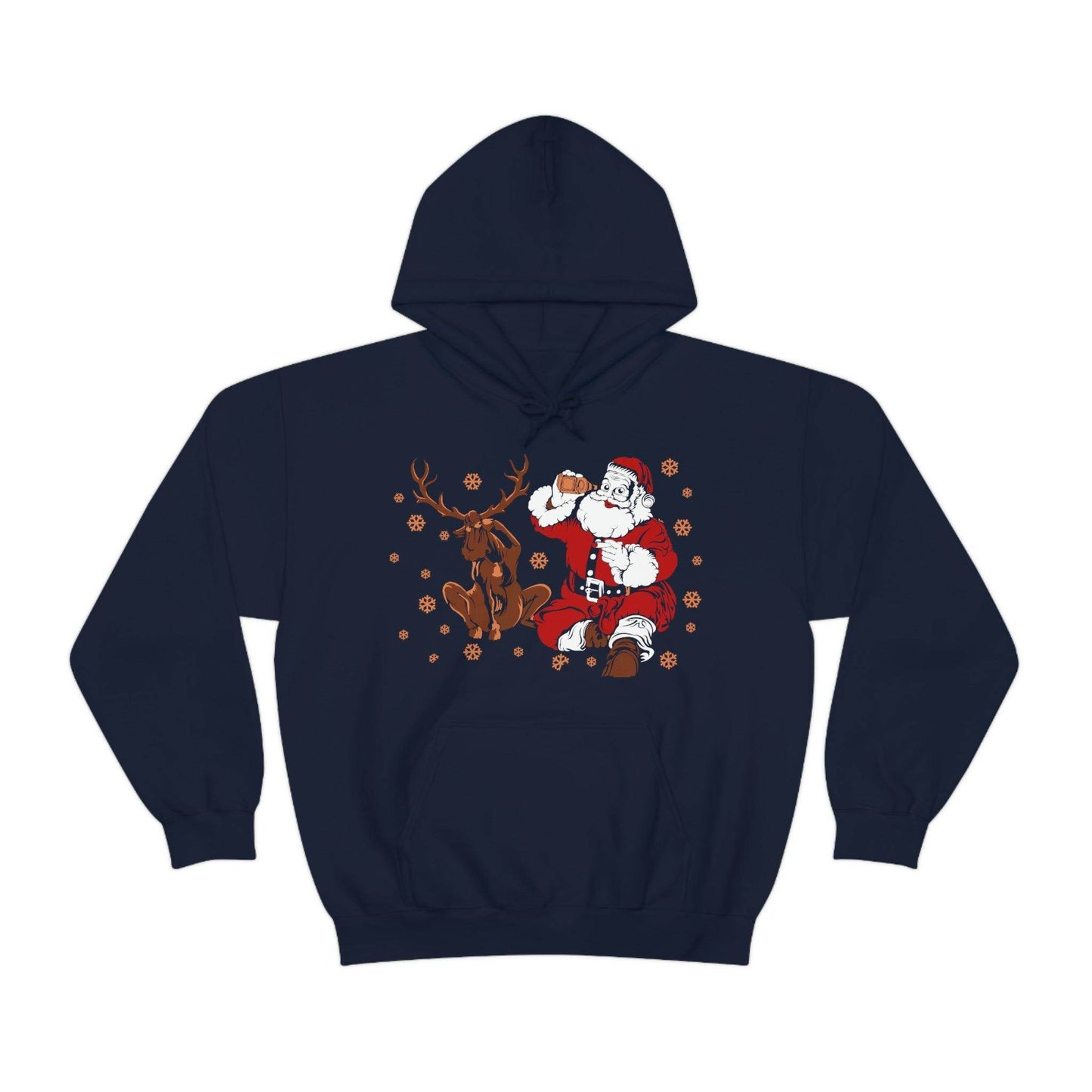 Santa and Reindeer Hooded Sweatshirt Christmas Shirt Funny Christmas Sweatshirt Christmas Gifts Santa Drinking Beer - Giftsmojo