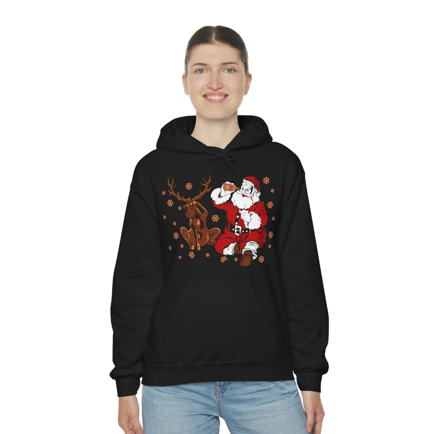 Santa and Reindeer Hooded Sweatshirt Christmas Shirt Funny Christmas Sweatshirt Christmas Gifts Santa Drinking Beer