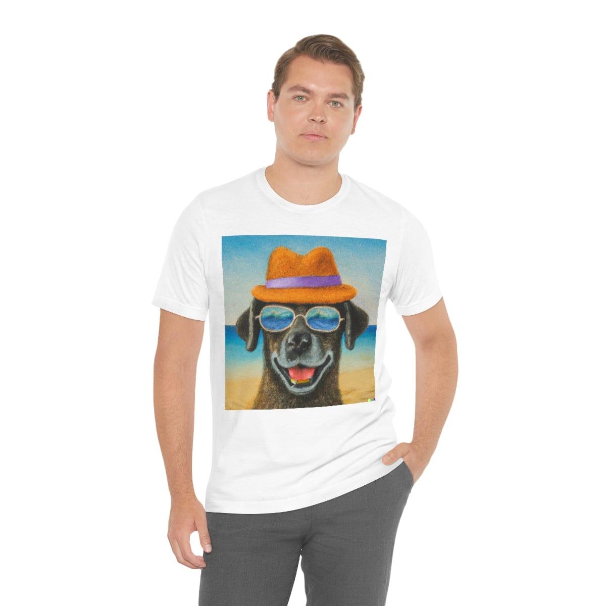 Dog at the beach wearing a hat and sunglasses arts Tshirt - Giftsmojo
