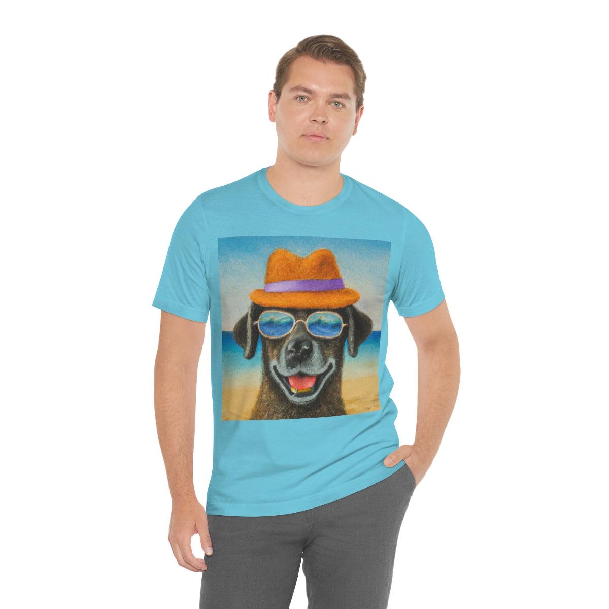 Dog with glasses and hat by the beach painting on ladies Tshirt - Giftsmojo
