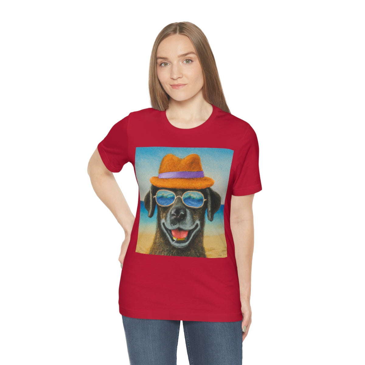 Dog with glasses and hat by the beach painting on ladies Tshirt