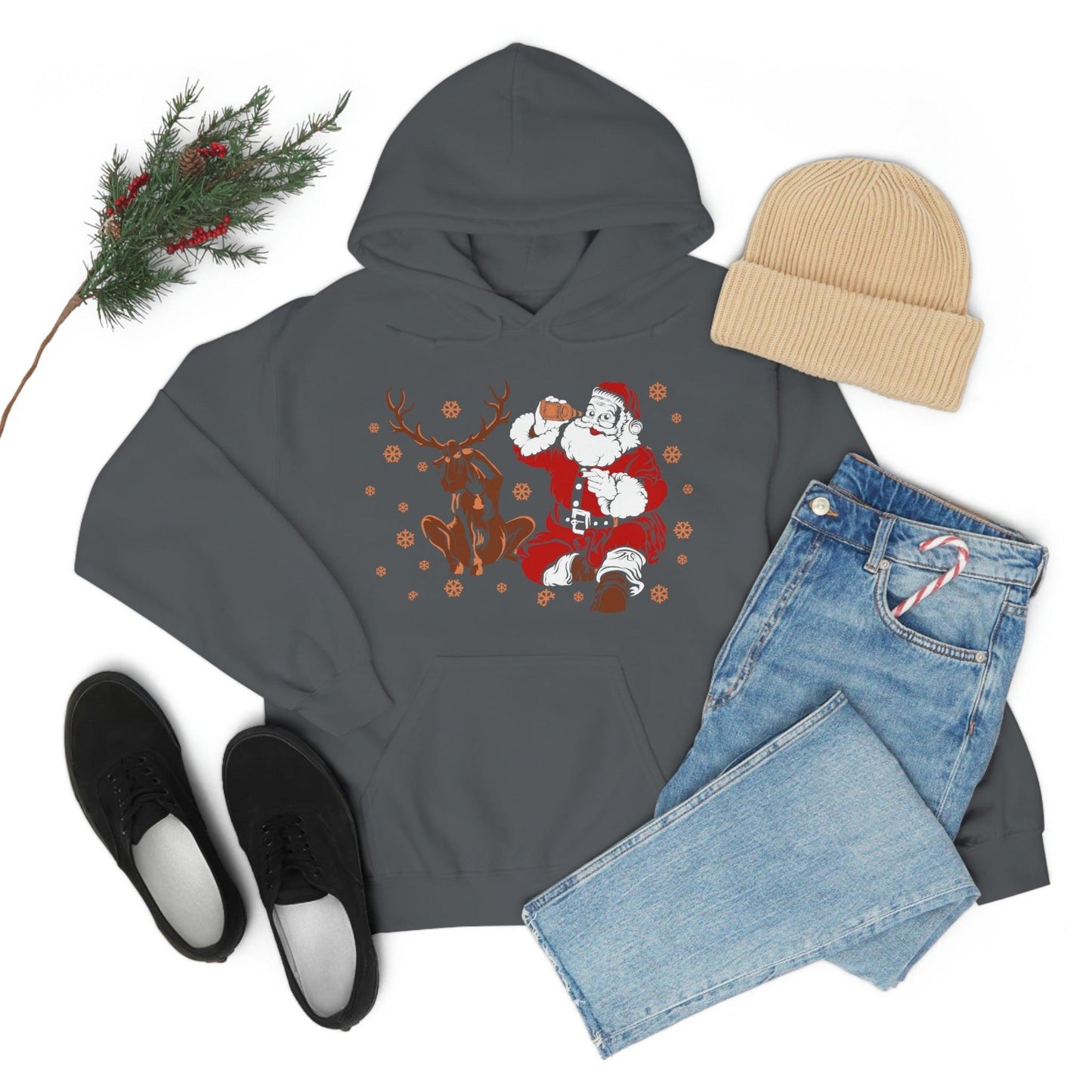 Santa and Reindeer Hooded Sweatshirt Christmas Shirt Funny Christmas Sweatshirt Christmas Gifts Santa Drinking Beer