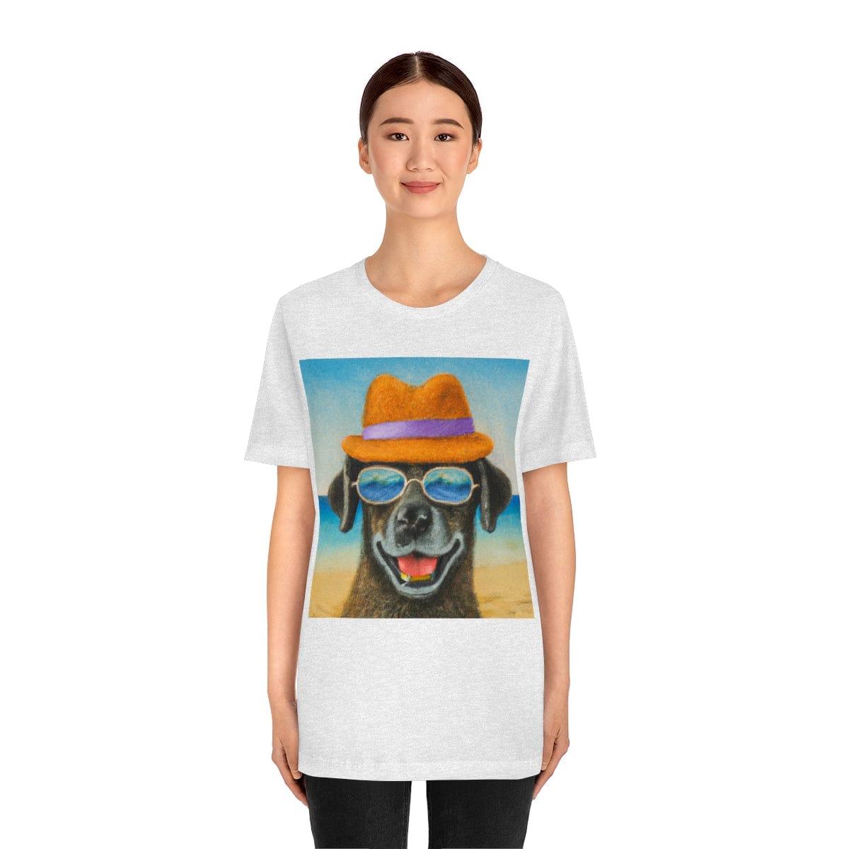 Dog with glasses and hat by the beach painting on ladies Tshirt - Giftsmojo