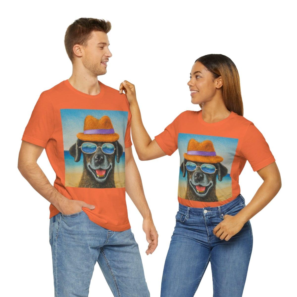 Dog with glasses and hat by the beach painting on ladies Tshirt - Giftsmojo