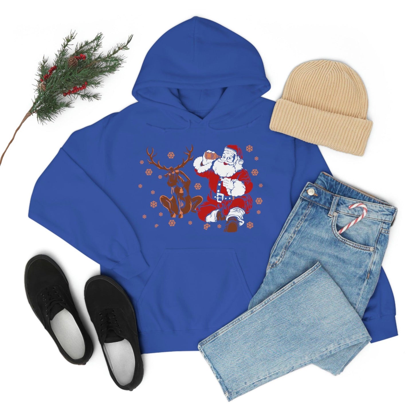 Santa and Reindeer Hooded Sweatshirt Christmas Shirt Funny Christmas Sweatshirt Christmas Gifts Santa Drinking Beer
