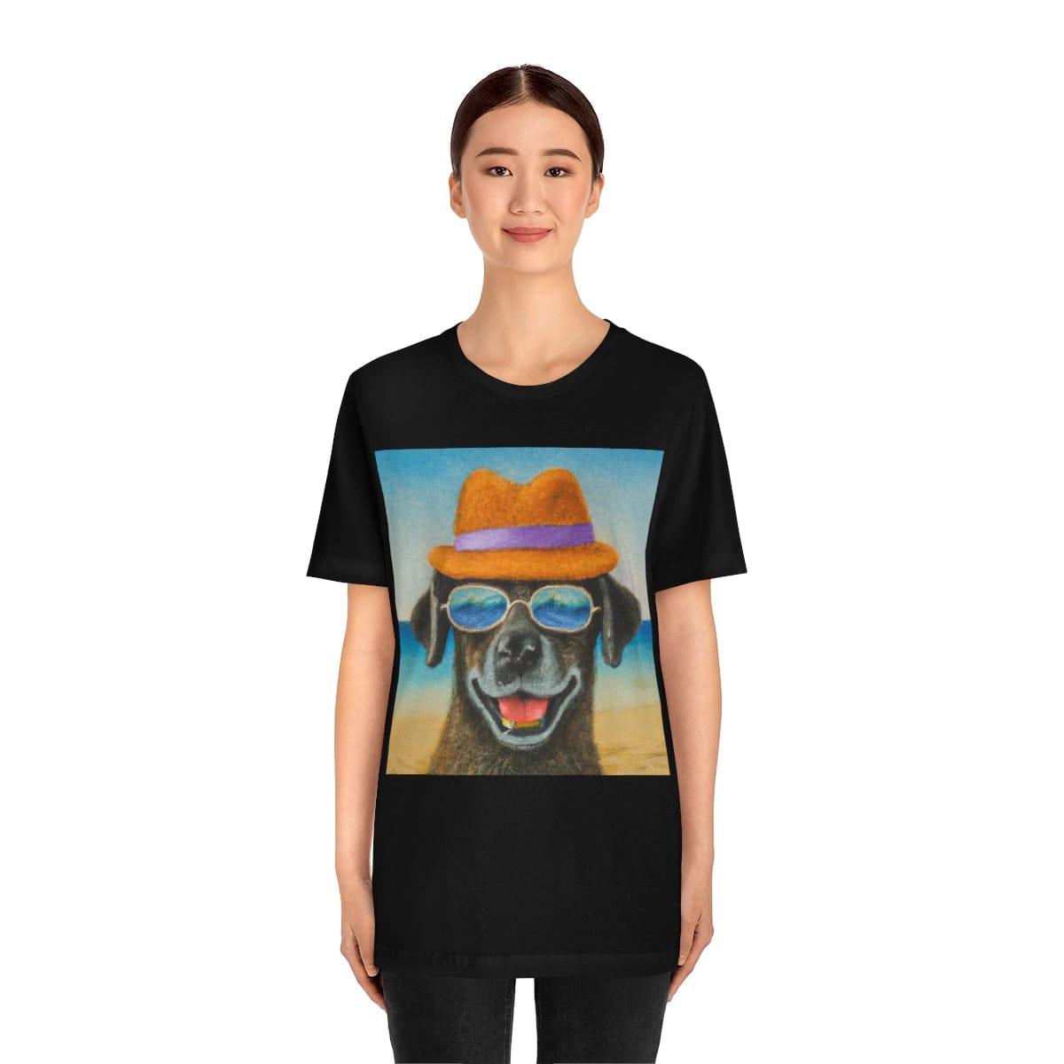 Dog with glasses and hat by the beach painting on ladies Tshirt - Giftsmojo