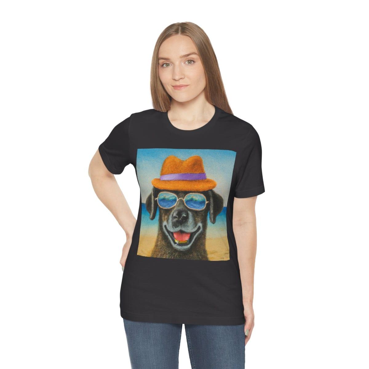Dog with glasses and hat by the beach painting on ladies Tshirt - Giftsmojo