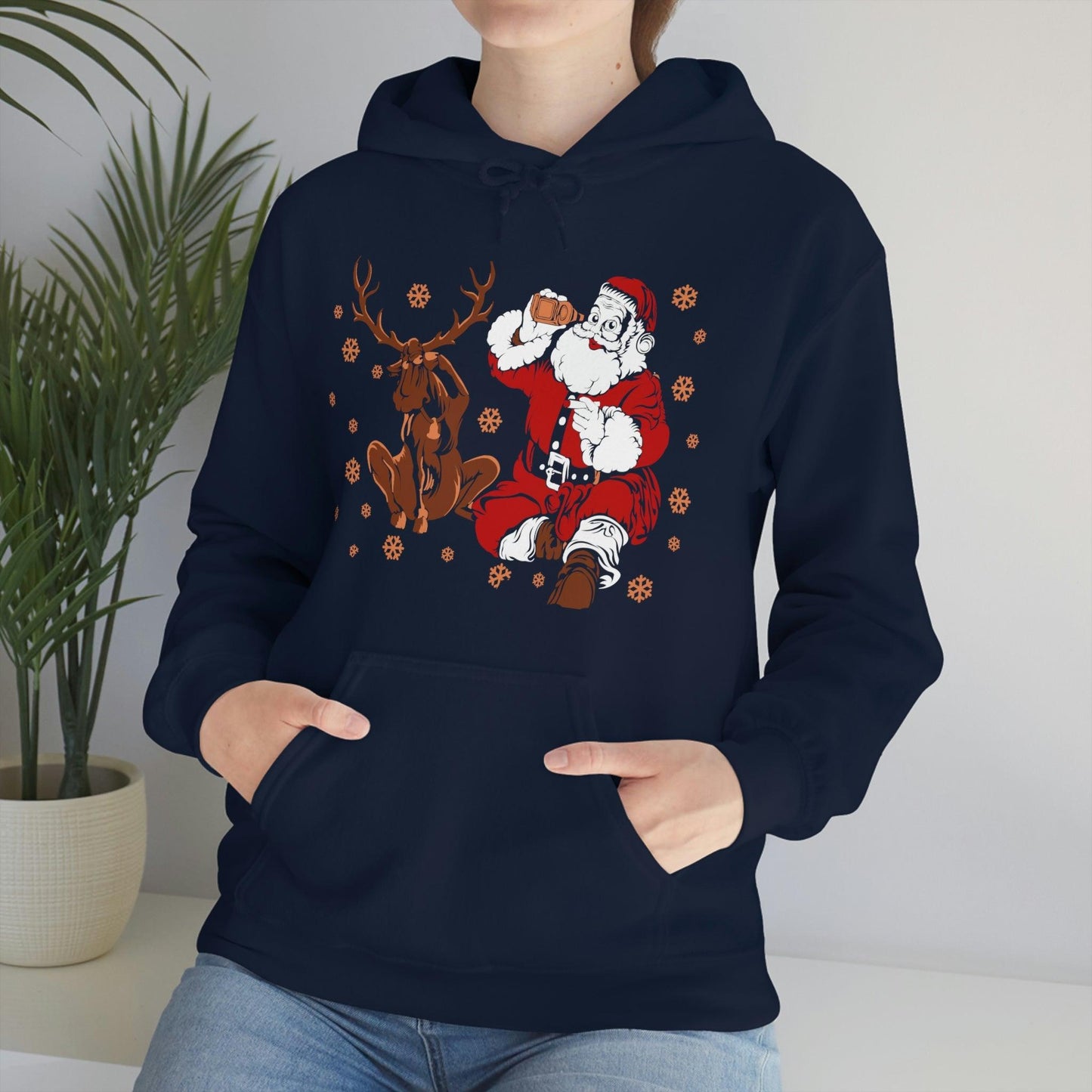 Santa and Reindeer Hooded Sweatshirt Christmas Shirt Funny Christmas Sweatshirt Christmas Gifts Santa Drinking Beer