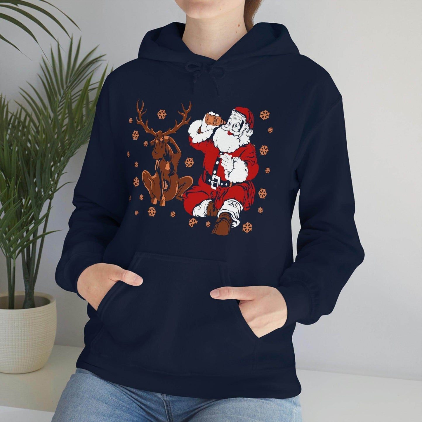 Santa and Reindeer Hooded Sweatshirt Christmas Shirt Funny Christmas Sweatshirt Christmas Gifts Santa Drinking Beer - Giftsmojo