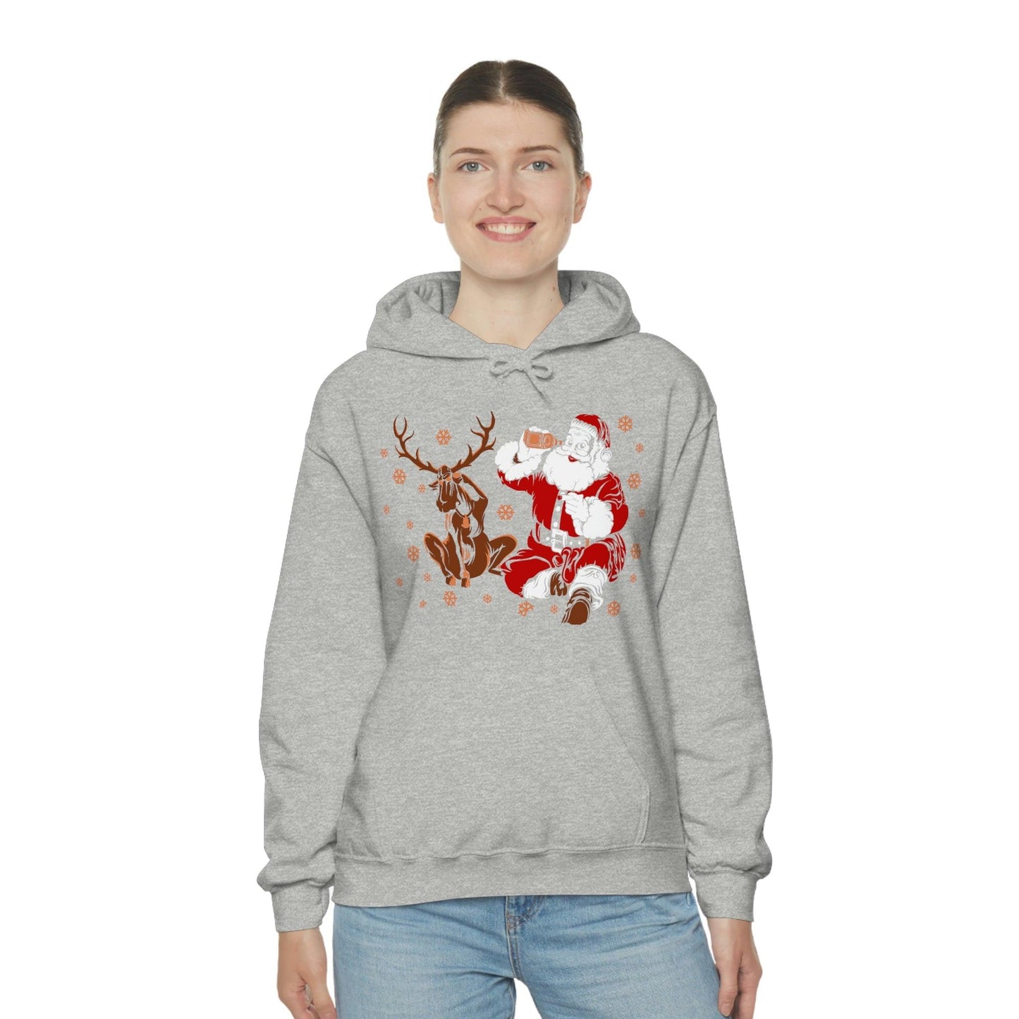 Santa and Reindeer Hooded Sweatshirt Christmas Shirt Funny Christmas Sweatshirt Christmas Gifts Santa Drinking Beer