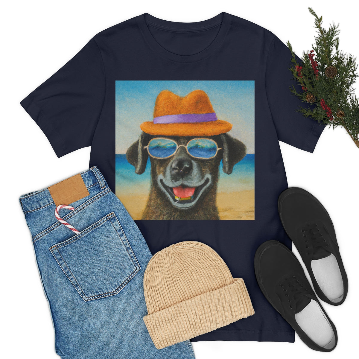 Dog with glasses and hat by the beach painting on ladies Tshirt