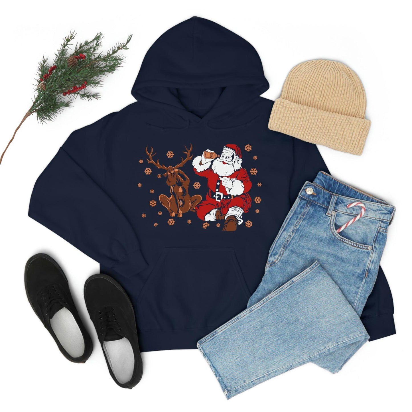 Santa and Reindeer Hooded Sweatshirt Christmas Shirt Funny Christmas Sweatshirt Christmas Gifts Santa Drinking Beer