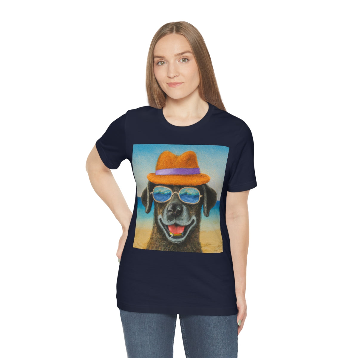 Dog with glasses and hat by the beach painting on ladies Tshirt