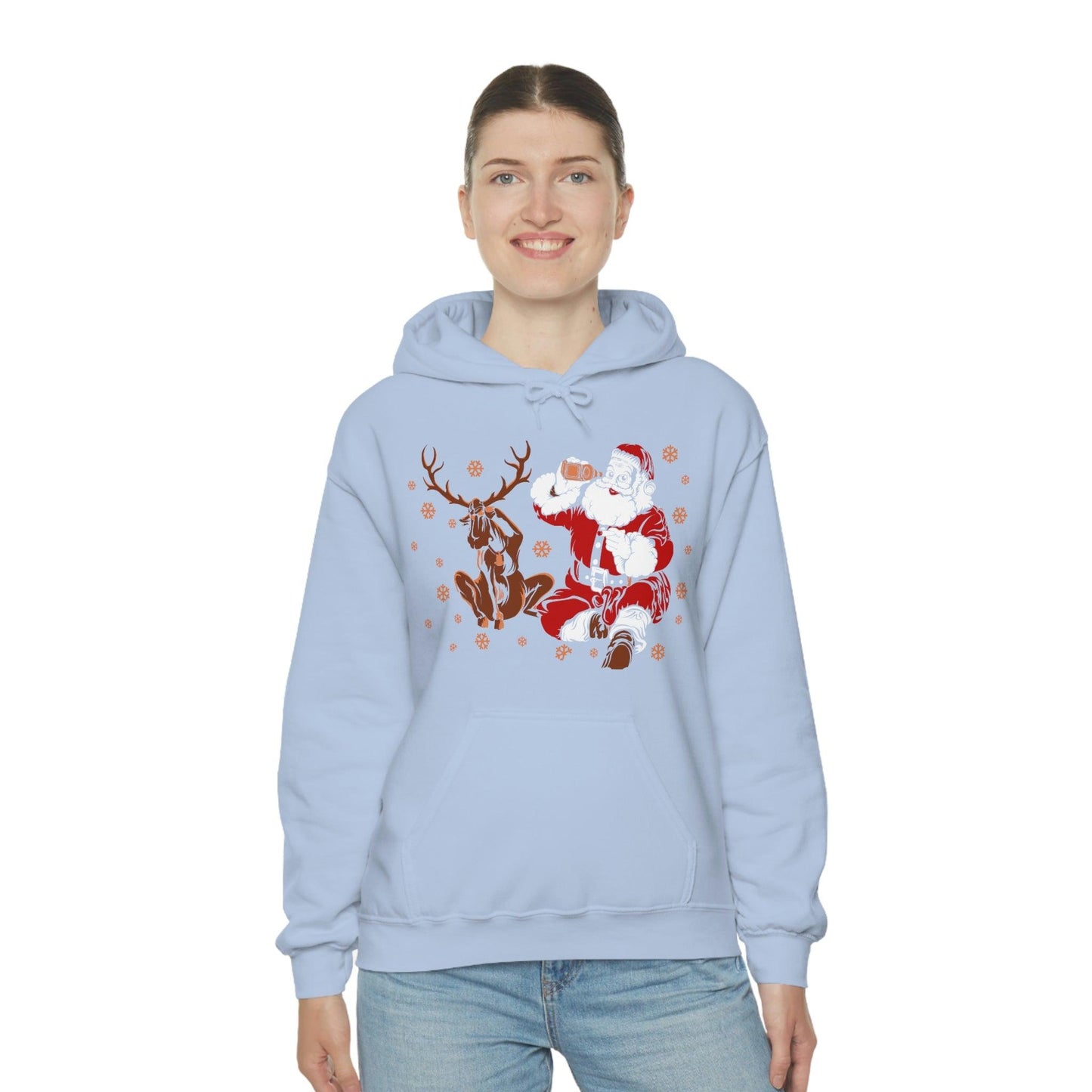 Santa and Reindeer Hooded Sweatshirt Christmas Shirt Funny Christmas Sweatshirt Christmas Gifts Santa Drinking Beer
