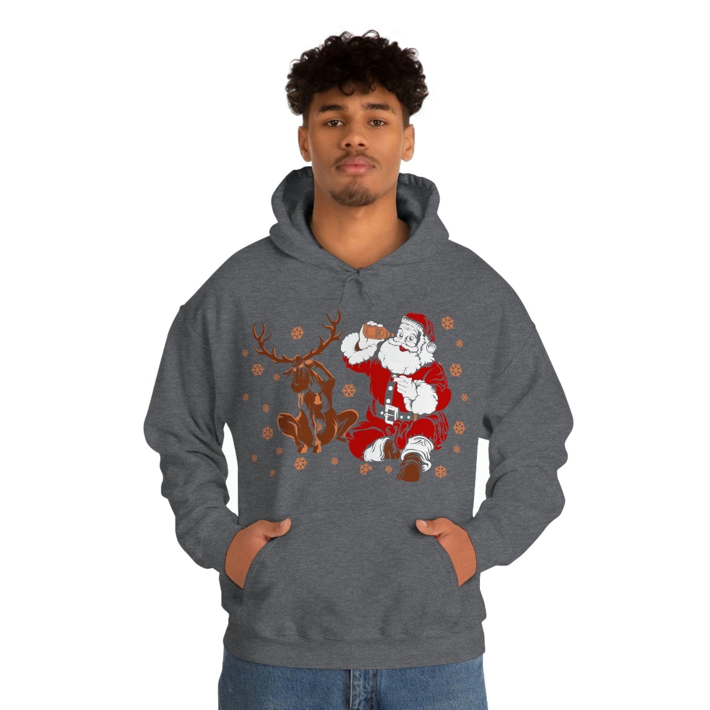Santa and Reindeer Hooded Sweatshirt Christmas Shirt Funny Christmas Sweatshirt Christmas Gifts Santa Drinking Beer