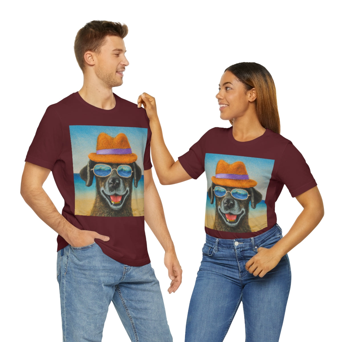 Dog with glasses and hat by the beach painting on ladies Tshirt