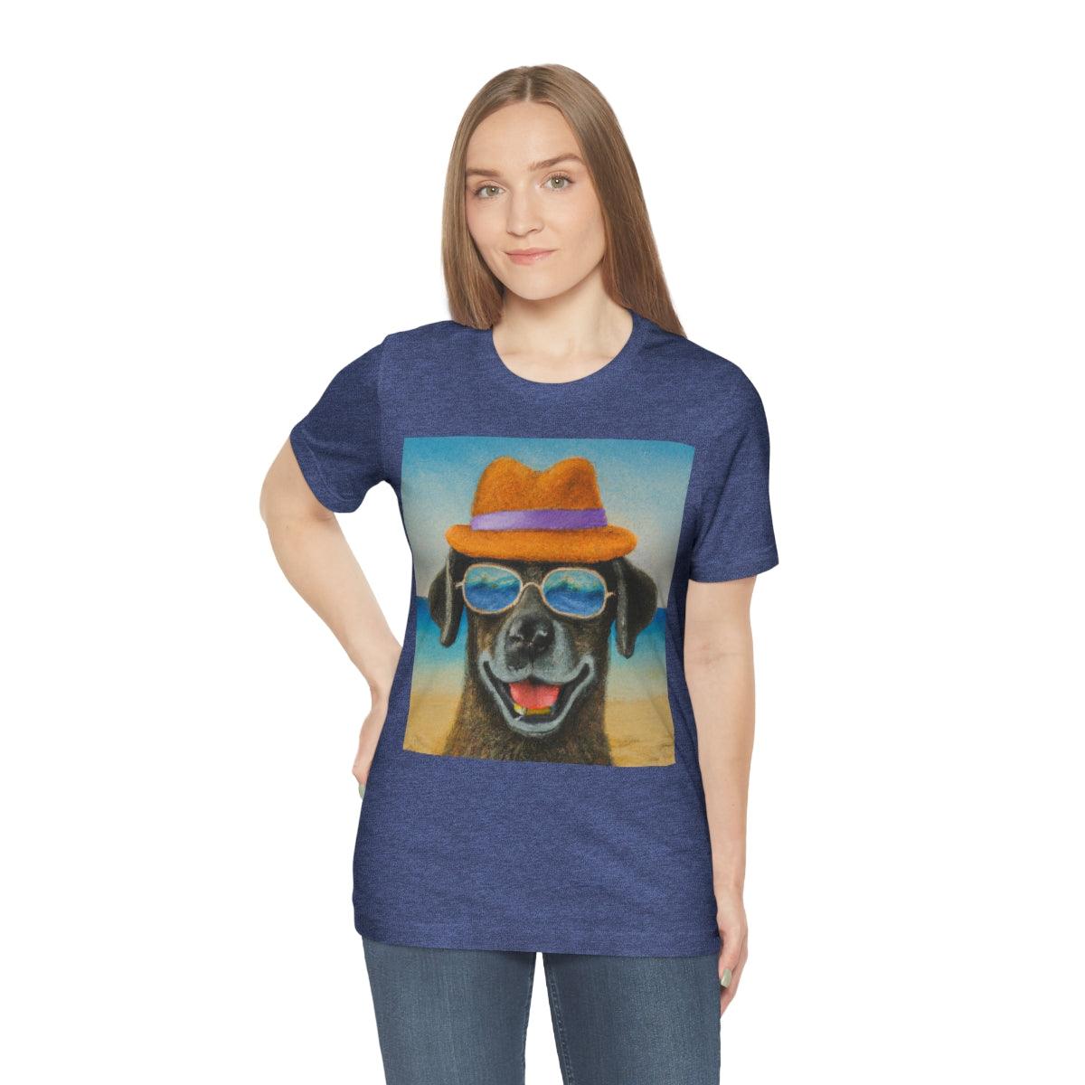 Dog with glasses and hat by the beach painting on ladies Tshirt - Giftsmojo