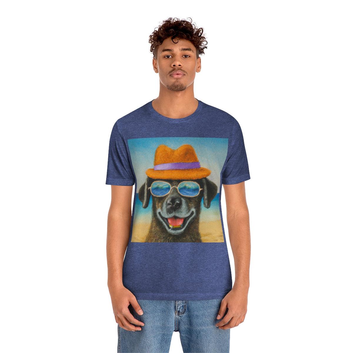Dog with glasses and hat by the beach painting on ladies Tshirt - Giftsmojo