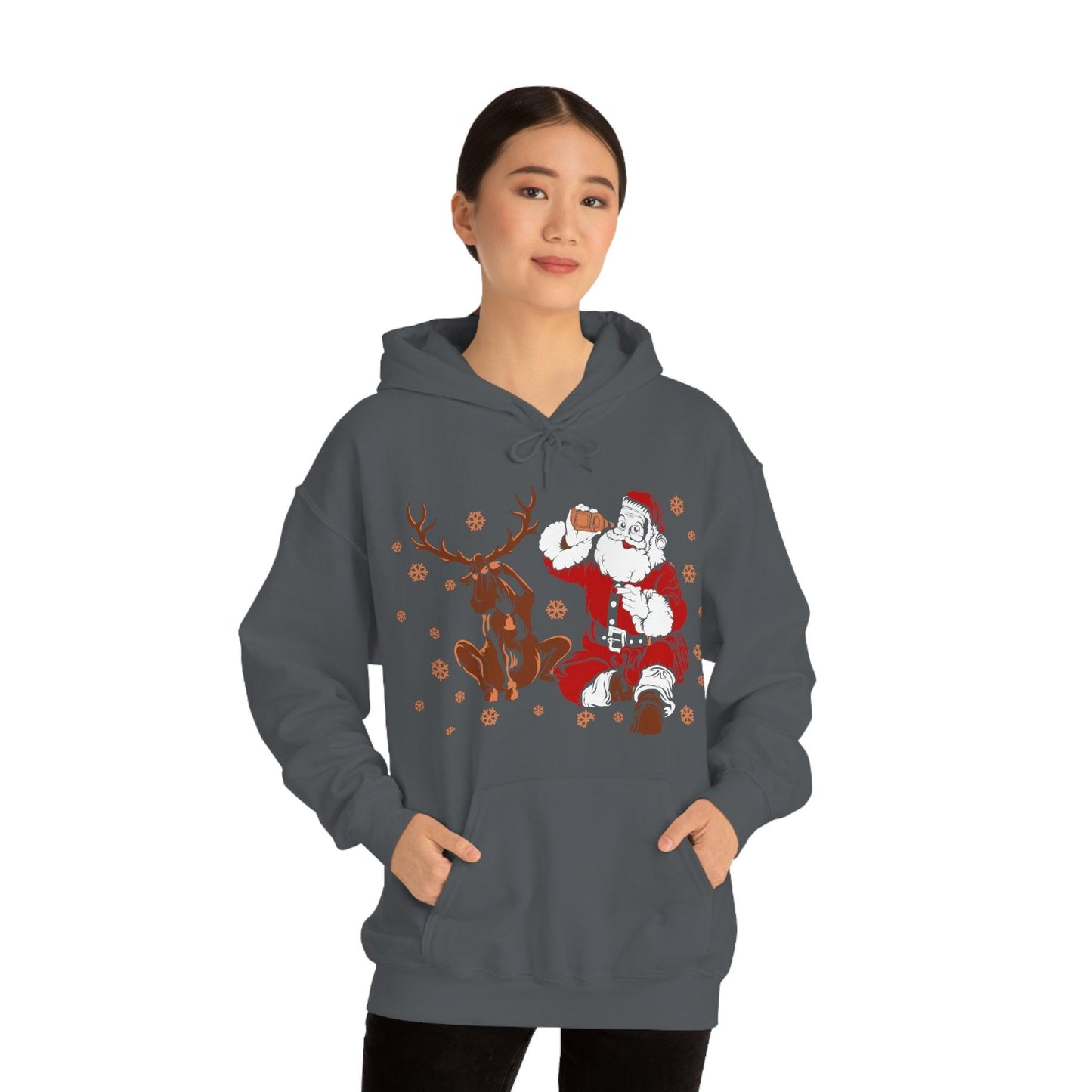 Santa and Reindeer Hooded Sweatshirt Christmas Shirt Funny Christmas Sweatshirt Christmas Gifts Santa Drinking Beer
