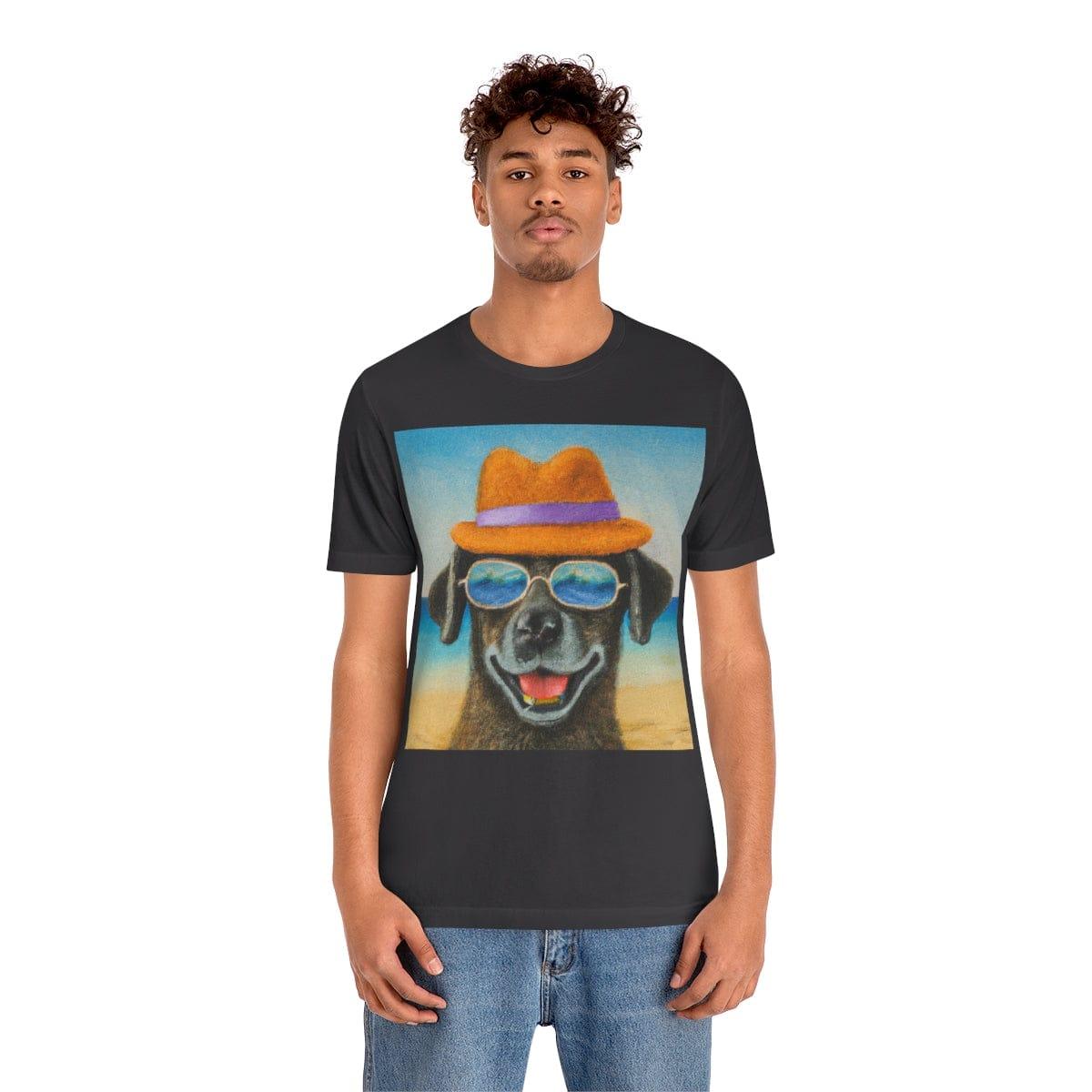 Dog with glasses and hat by the beach painting on ladies Tshirt - Giftsmojo