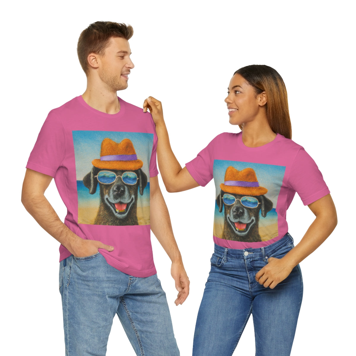 Dog with glasses and hat by the beach painting on ladies Tshirt