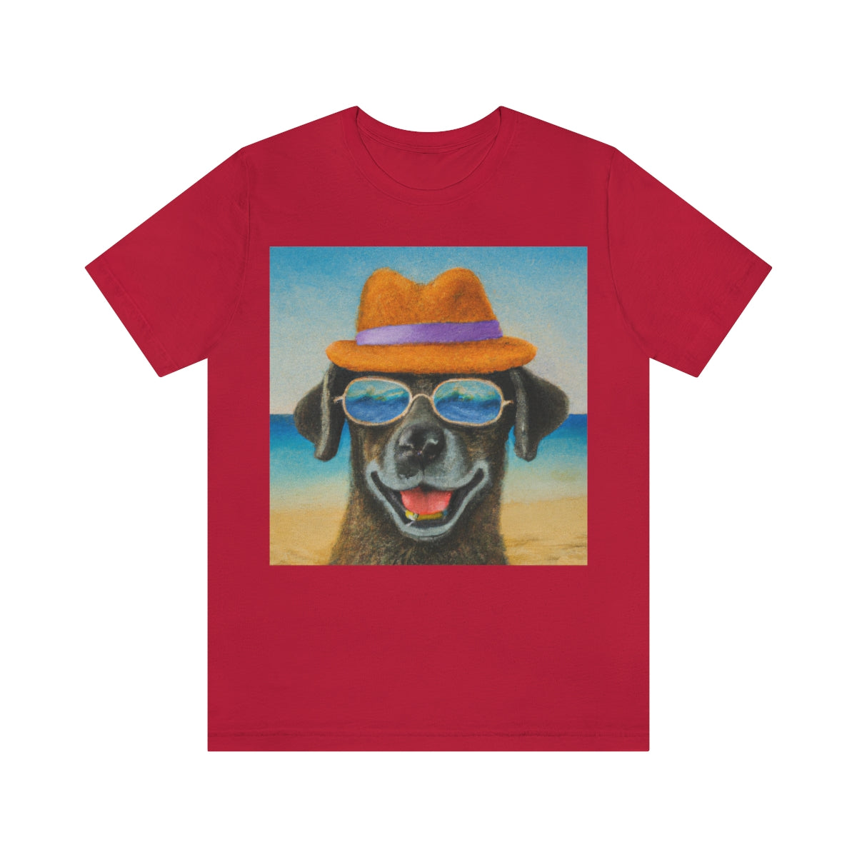 Dog with glasses and hat by the beach painting on ladies Tshirt