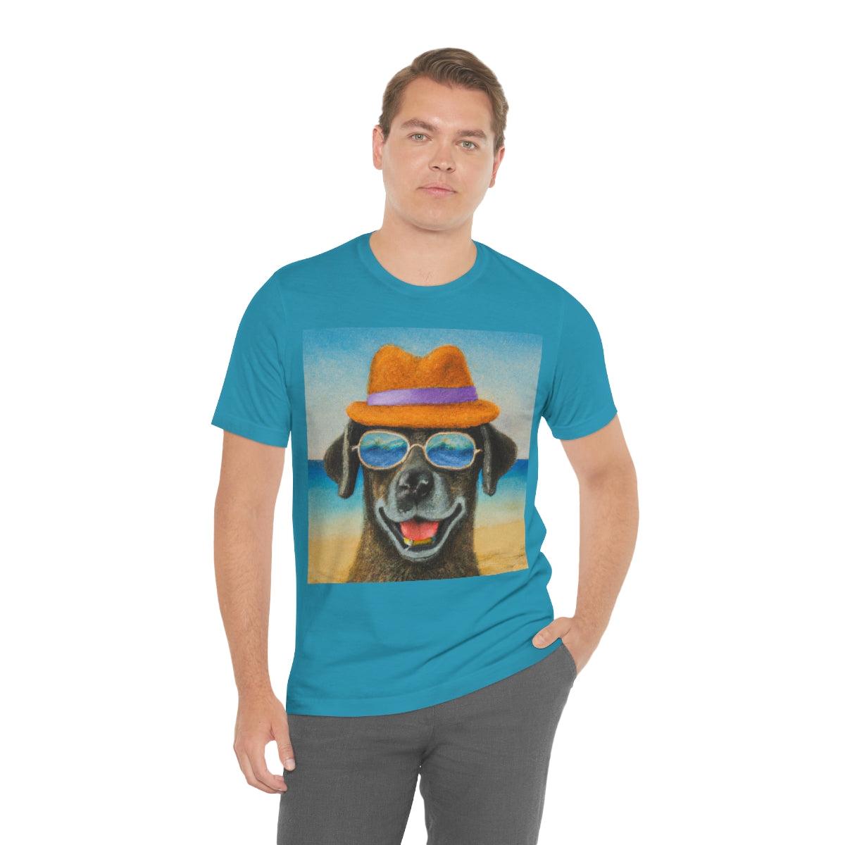Dog with glasses and hat by the beach painting on ladies Tshirt - Giftsmojo