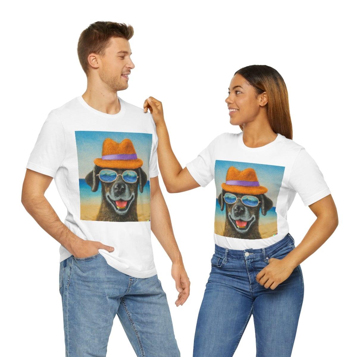 Dog at the beach wearing a hat and sunglasses arts Tshirt - Giftsmojo