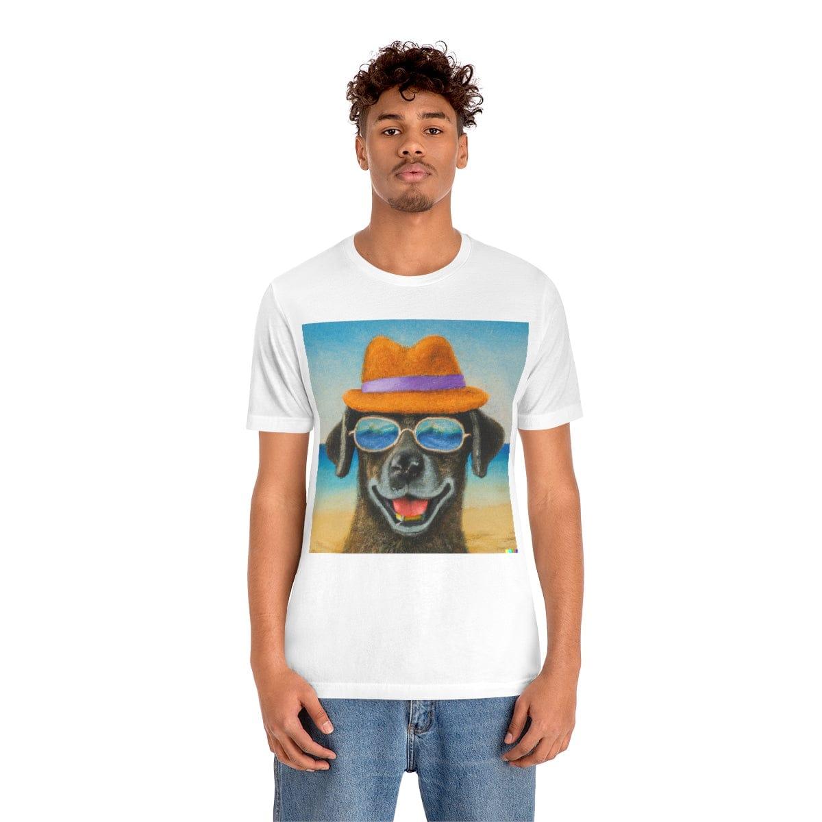 Dog at the beach wearing a hat and sunglasses arts Tshirt - Giftsmojo