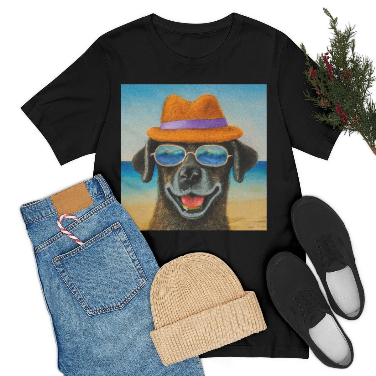 Dog with glasses and hat by the beach painting on ladies Tshirt - Giftsmojo