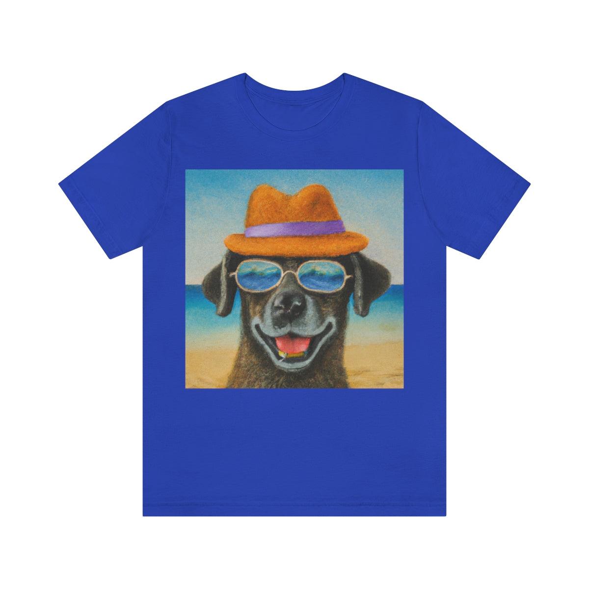 Dog with glasses and hat by the beach painting on ladies Tshirt - Giftsmojo