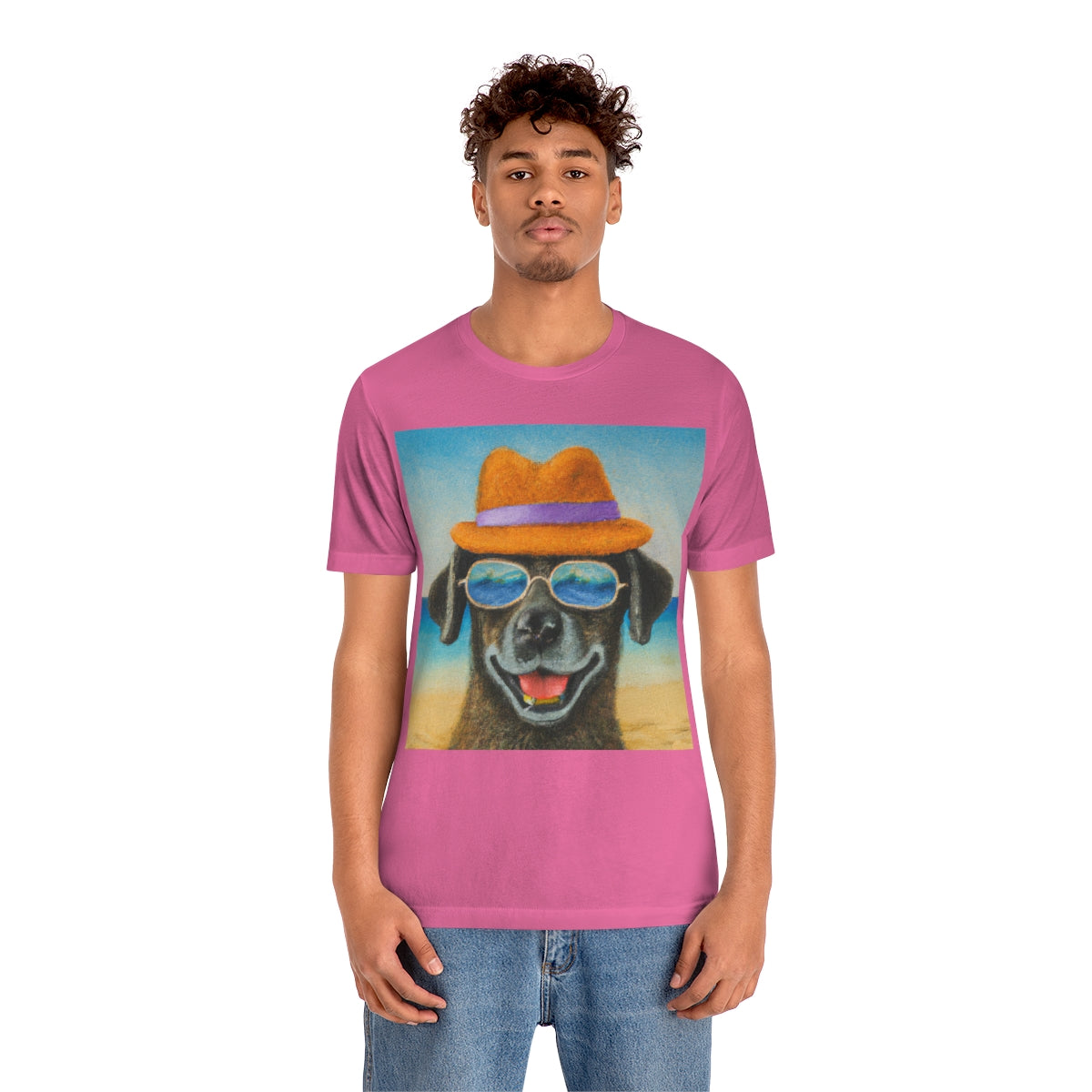Dog with glasses and hat by the beach painting on ladies Tshirt