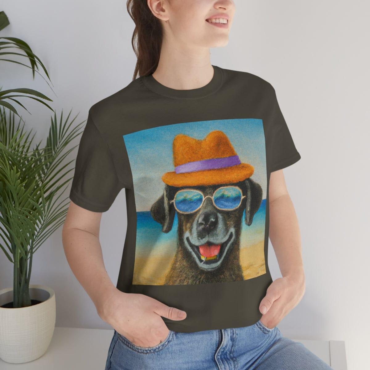 Dog with glasses and hat by the beach painting on ladies Tshirt - Giftsmojo