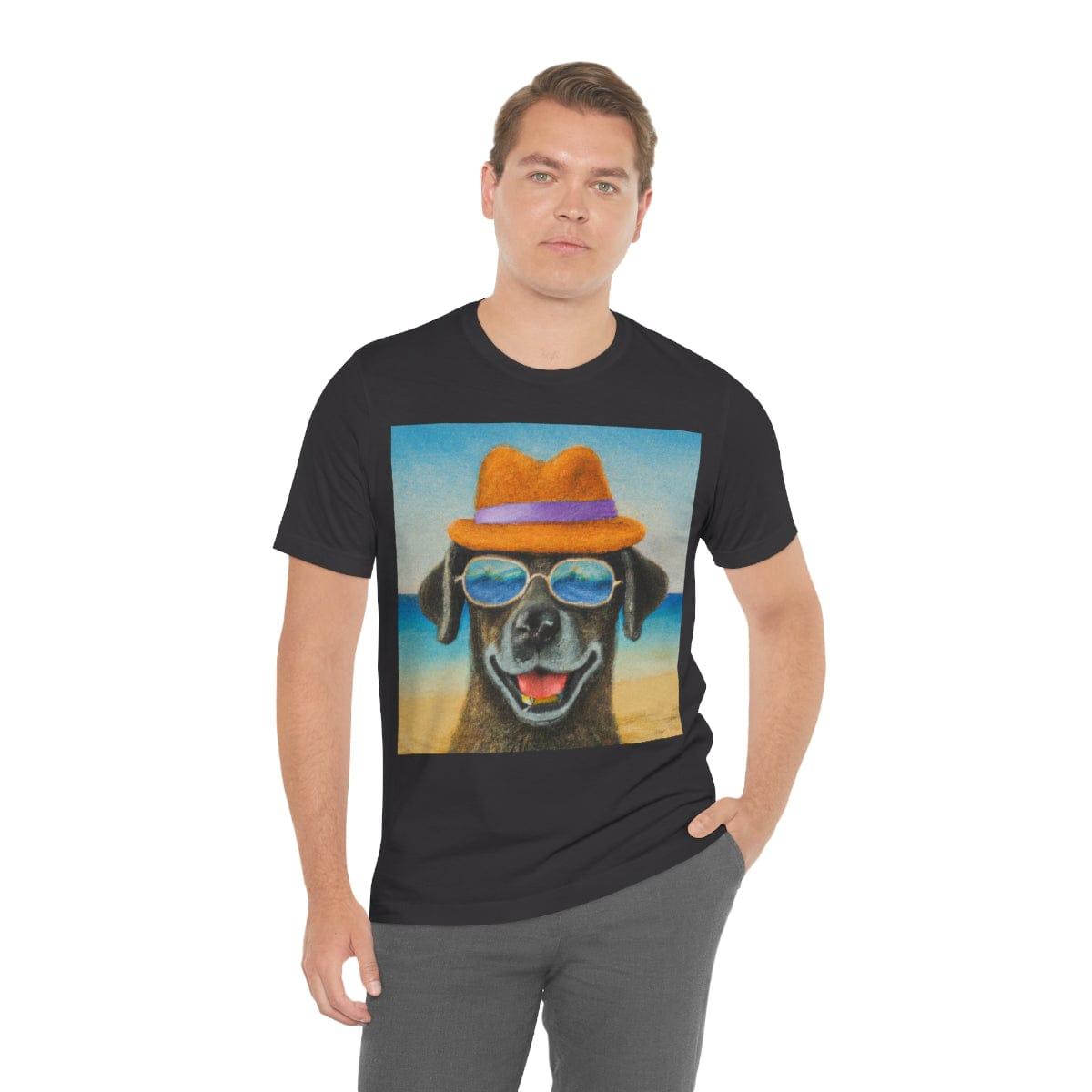 Dog with glasses and hat by the beach painting on ladies Tshirt - Giftsmojo