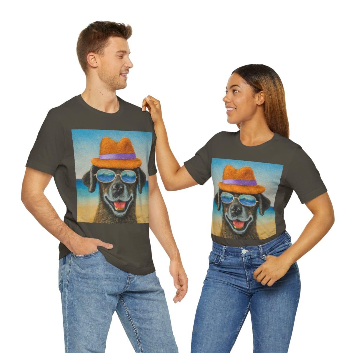 Dog with glasses and hat by the beach painting on ladies Tshirt - Giftsmojo