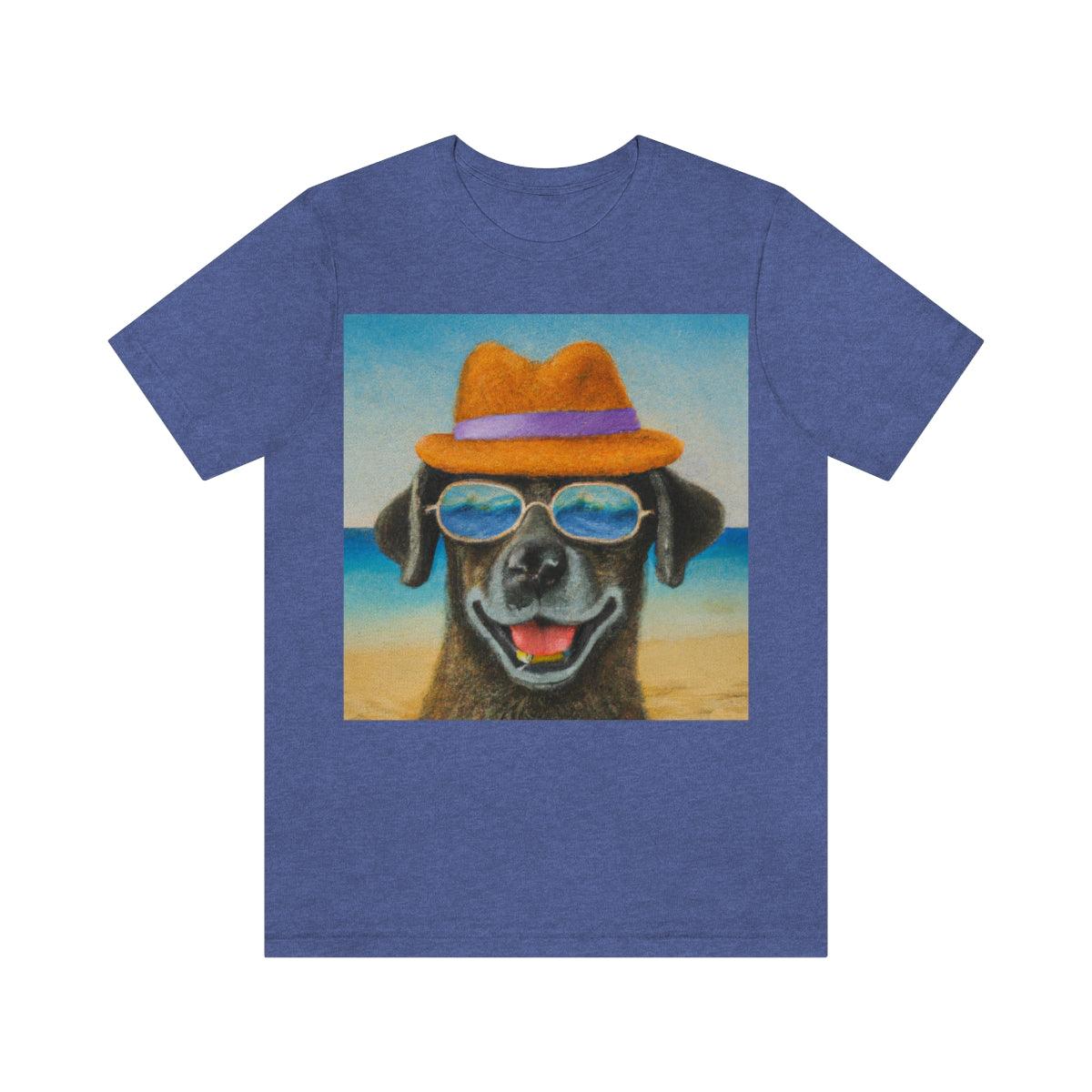 Dog with glasses and hat by the beach painting on ladies Tshirt - Giftsmojo