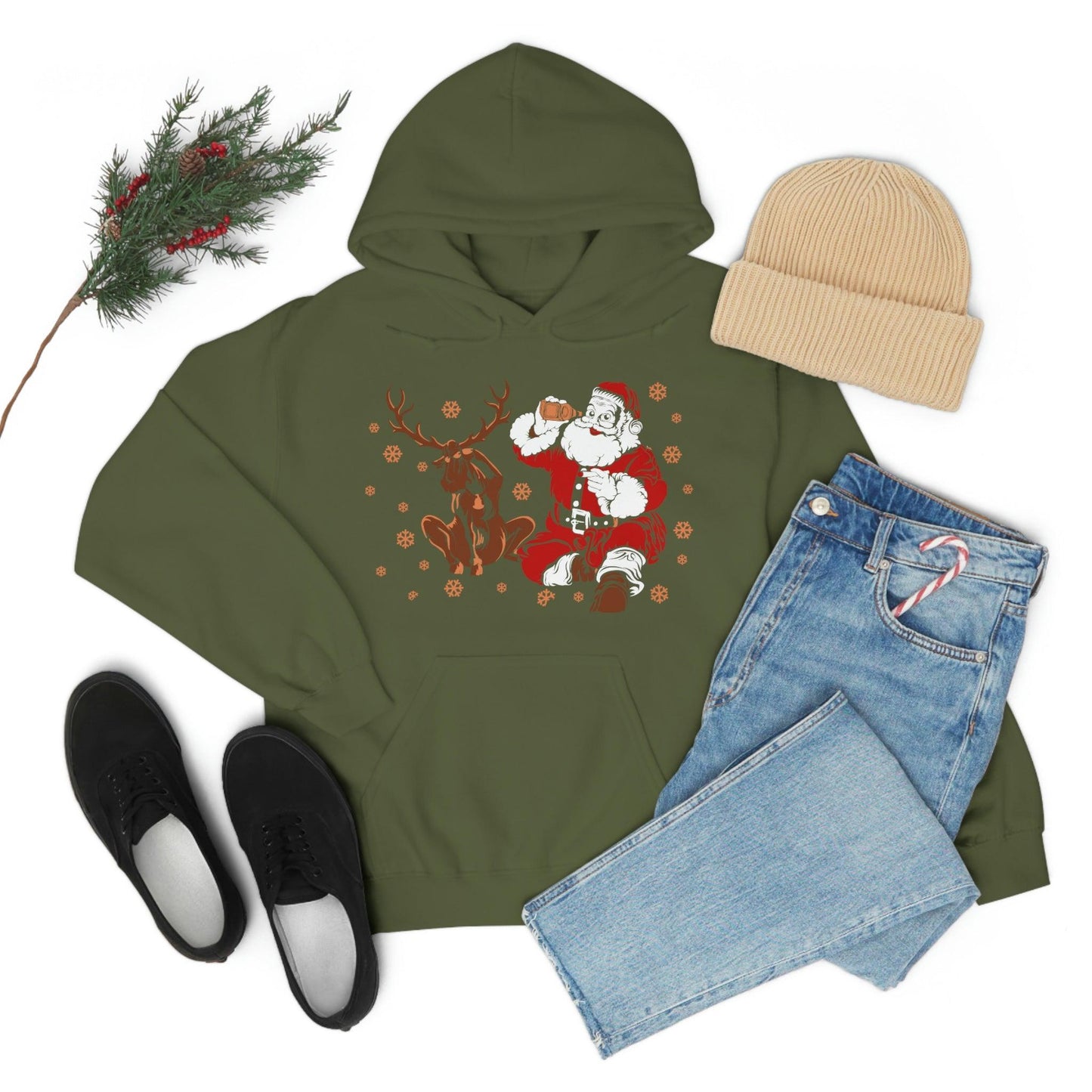 Santa and Reindeer Hooded Sweatshirt Christmas Shirt Funny Christmas Sweatshirt Christmas Gifts Santa Drinking Beer