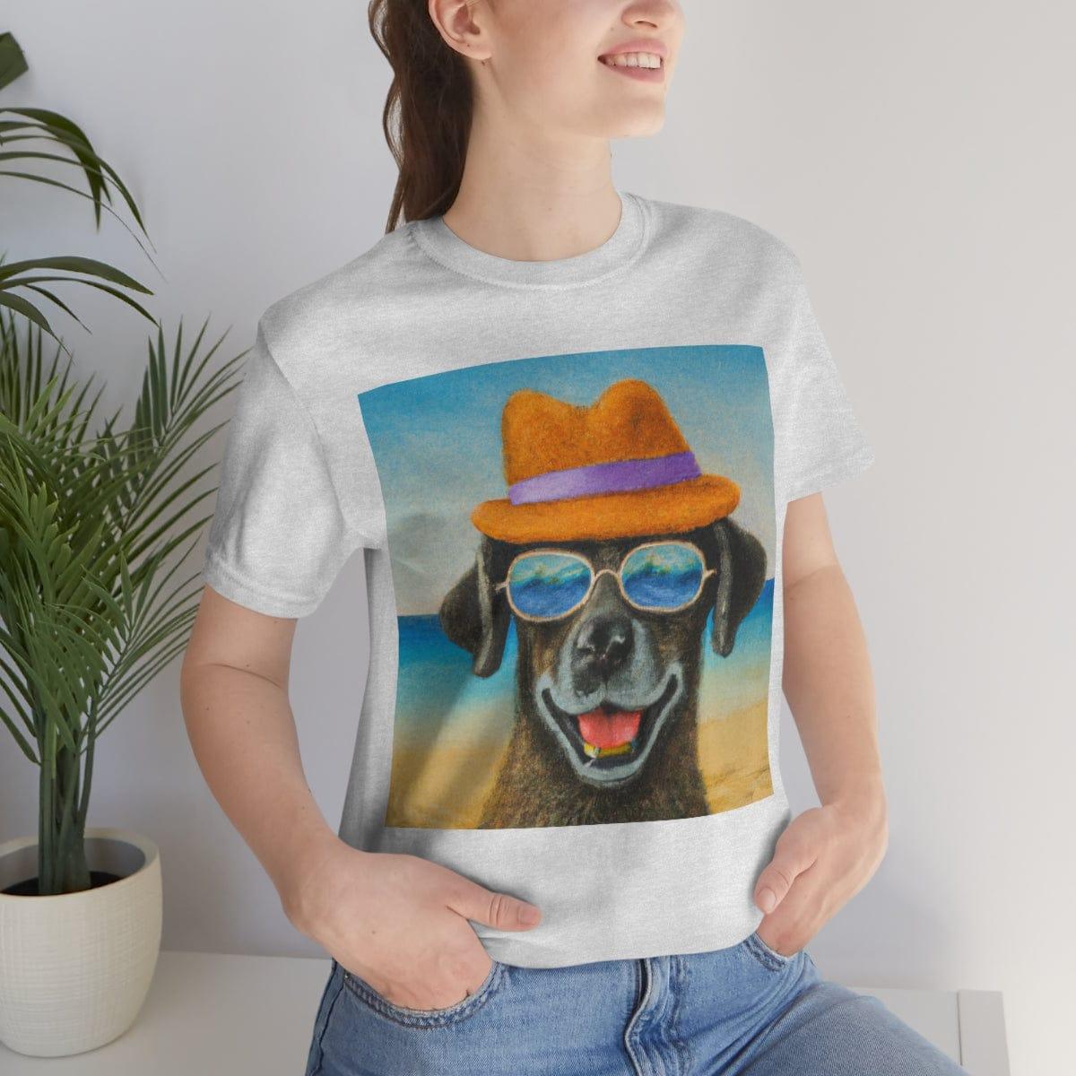 Dog with glasses and hat by the beach painting on ladies Tshirt - Giftsmojo