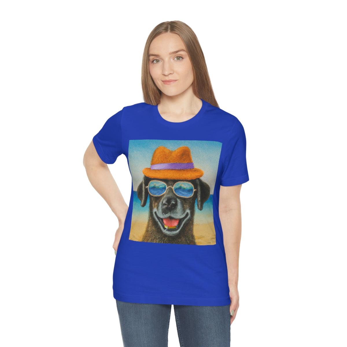 Dog with glasses and hat by the beach painting on ladies Tshirt - Giftsmojo