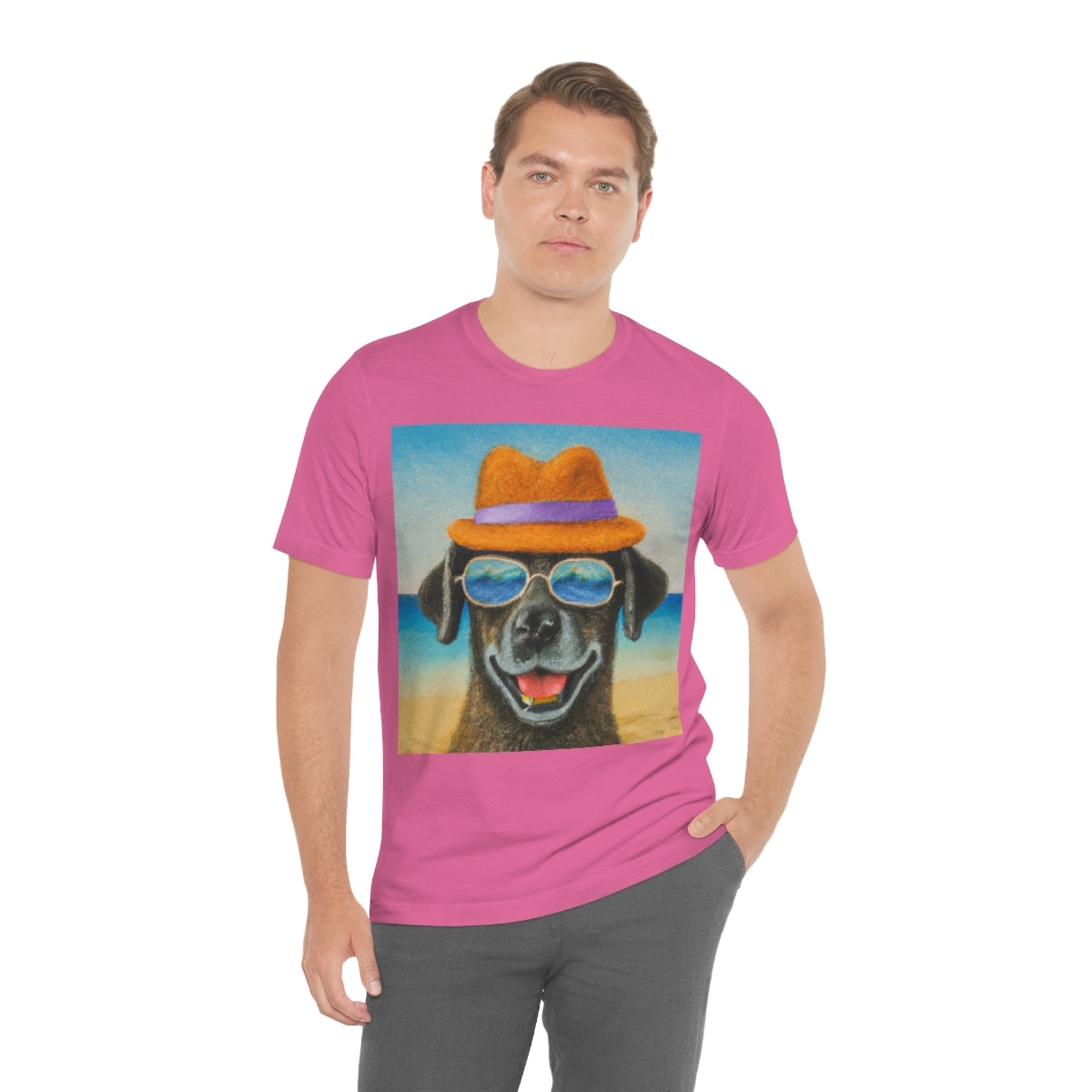 Dog with glasses and hat by the beach painting on ladies Tshirt