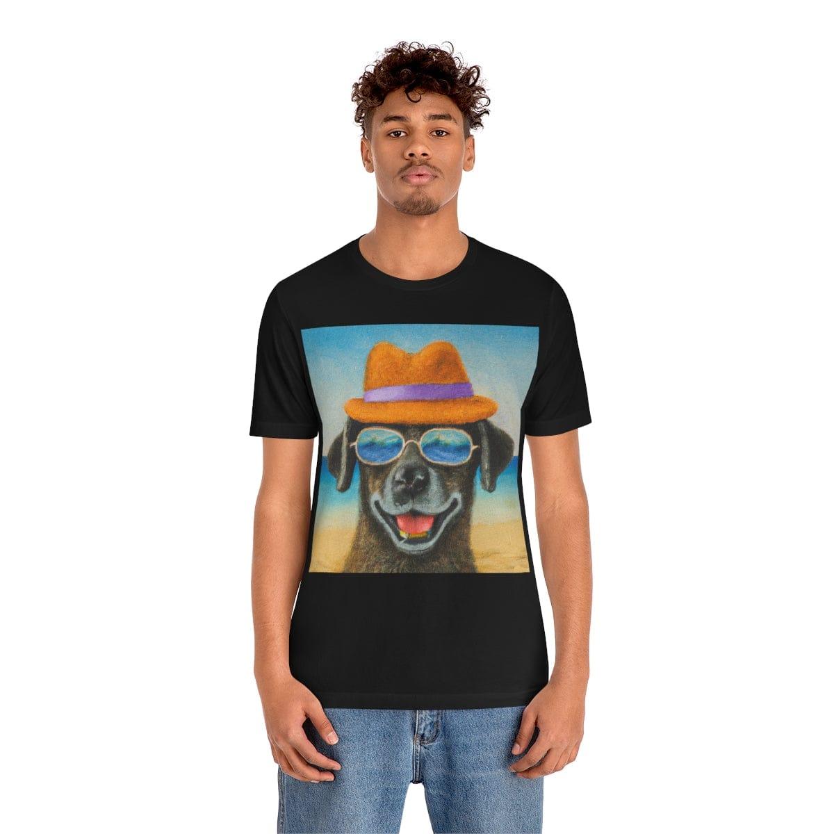 Dog with glasses and hat by the beach painting on ladies Tshirt - Giftsmojo