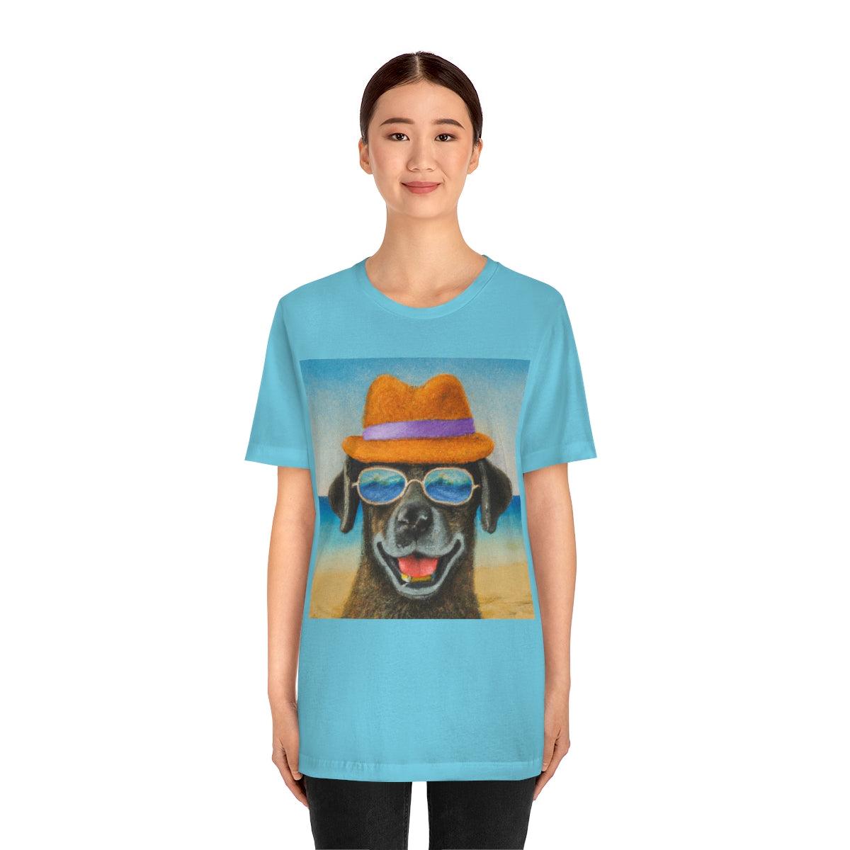 Dog with glasses and hat by the beach painting on ladies Tshirt - Giftsmojo