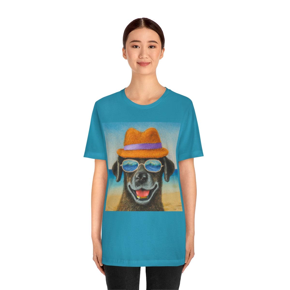 Dog with glasses and hat by the beach painting on ladies Tshirt - Giftsmojo