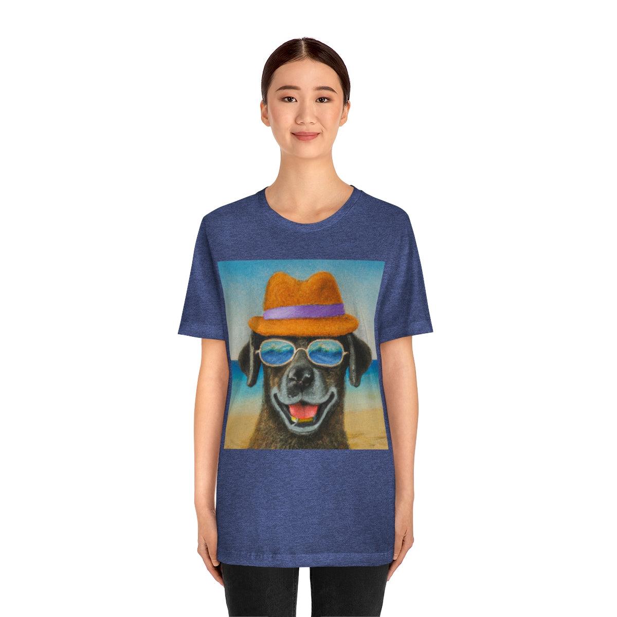 Dog with glasses and hat by the beach painting on ladies Tshirt - Giftsmojo