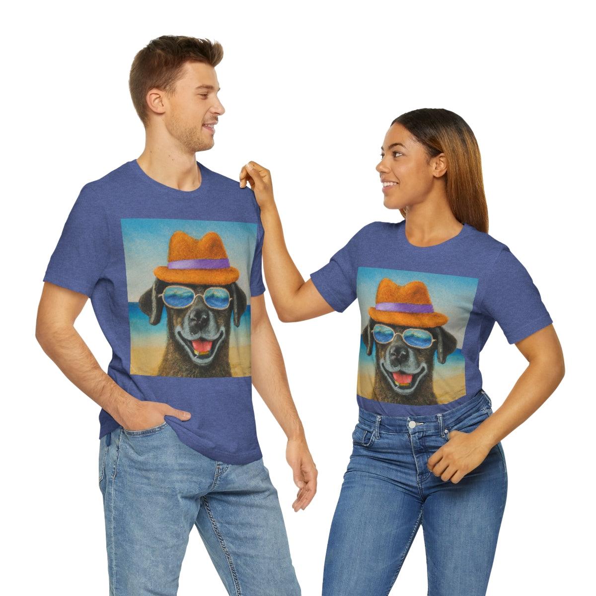 Dog with glasses and hat by the beach painting on ladies Tshirt - Giftsmojo