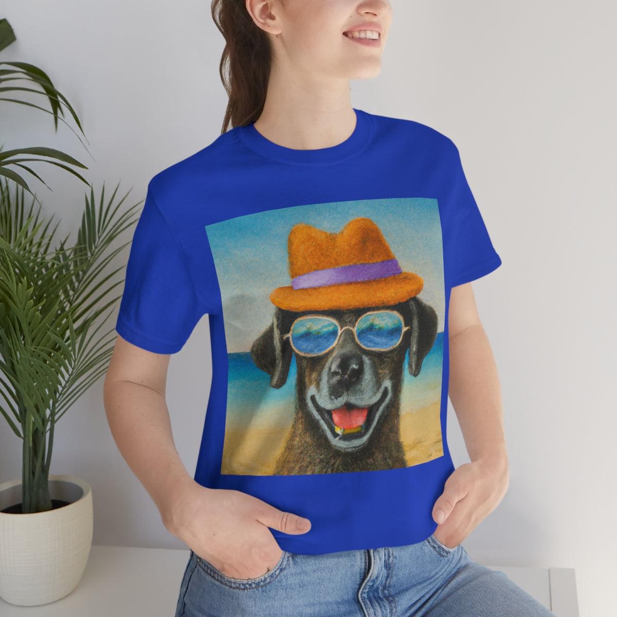 Dog with glasses and hat by the beach painting on ladies Tshirt - Giftsmojo
