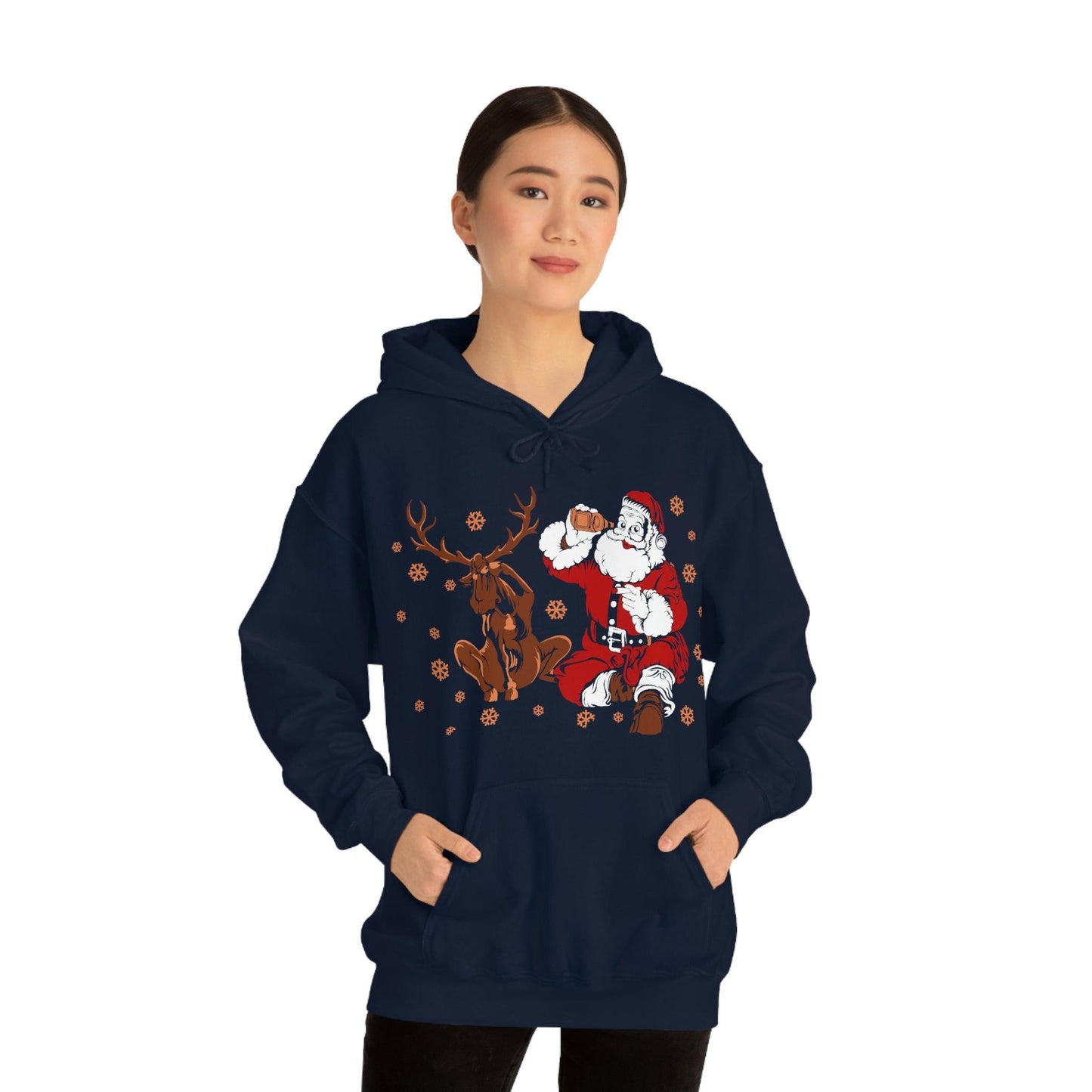Santa and Reindeer Hooded Sweatshirt Christmas Shirt Funny Christmas Sweatshirt Christmas Gifts Santa Drinking Beer