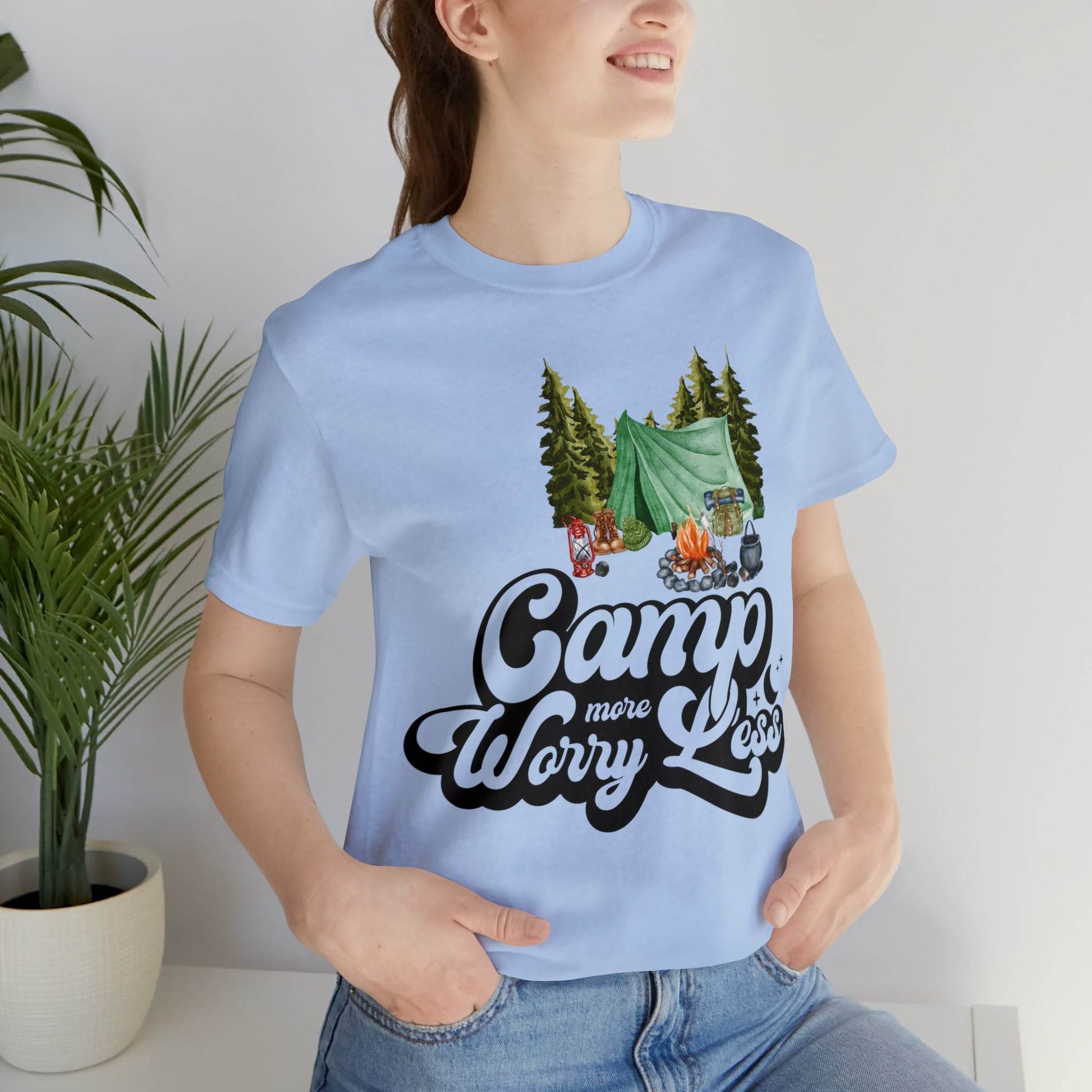 Camp More Worry Less Shirt, Outdoor adventure clothing, Nature-inspired shirts, Hiking apparel, Outdoor enthusiasts gift, Adventure-themed attire - Giftsmojo